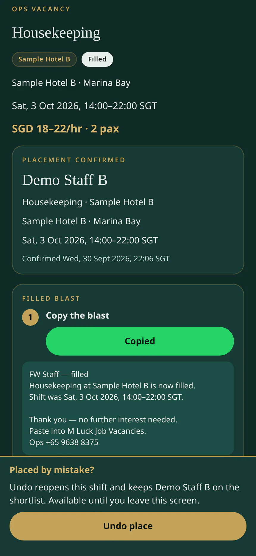 FW Staff place confirmed for one sample staff name on a sample shift, with undo.